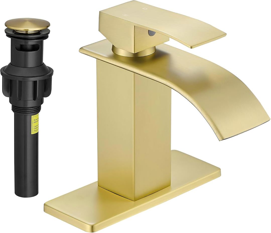 Fransiton Waterfall Single Handle Bathroom Sink Faucet with Drain Light Gold