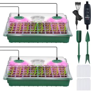 YAUNGEL Seed Starter Tray with Grow Light, Seed Starter Kit with Timing Controller Adjustable Brightness,80 Cells Seed Starter Tray for Indoor Planting with Humidity Domes Heightened Lids 2 Pack (Green)
