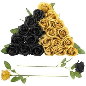 Ovveroche 16 Pcs Black,Glod Rose Artificial Flowers with Long Stem Real Touch Silk Roses Bulk for Wedding, Party, Table Centerpieces Bouquet, Bridal, Home Decor