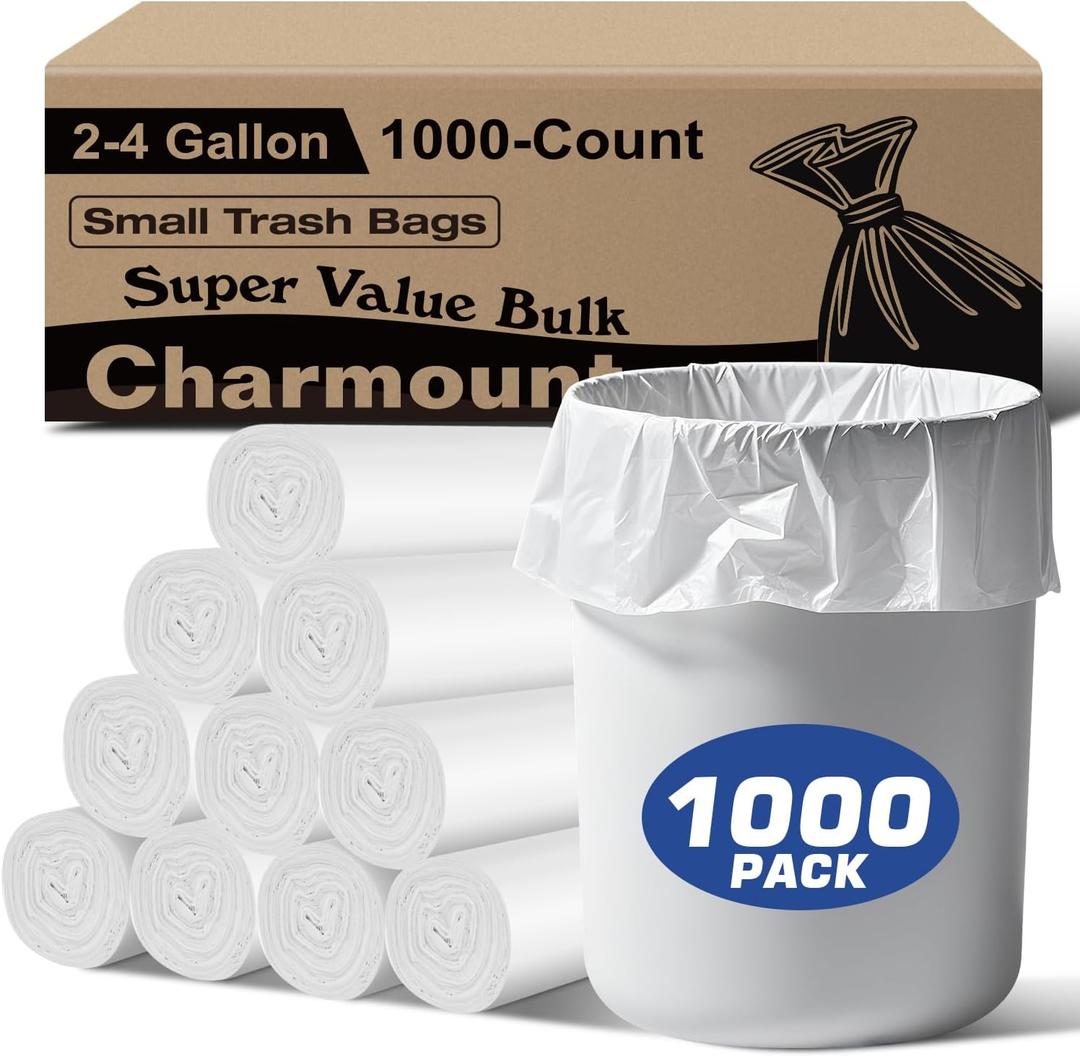 Charmount Small Trash Bags 2-4 Gallon 1000 Count, Unscented White Plastic Wastebasket Liners for Bathroom, Mini Garbage Can or Bin