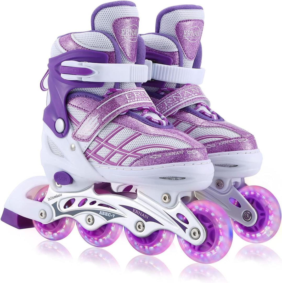 Kids Inline Skates for Girls Boys Beginners Adjustable, All 8 Wheels Illuminating. (Purple, M)