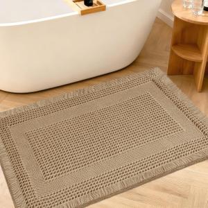 Upgraded Waffle Bath Mat, 32"x20" Beige-Looped, Super Absorbent Non-Slip Quick Dry Bathroom Rugs with Tassels, Machine Washable Ultra Soft Boho Bath Rugs for Floor, Toilet Mats Boho Farmhouse Decor (1'8" x 2'8" (Rectangular))