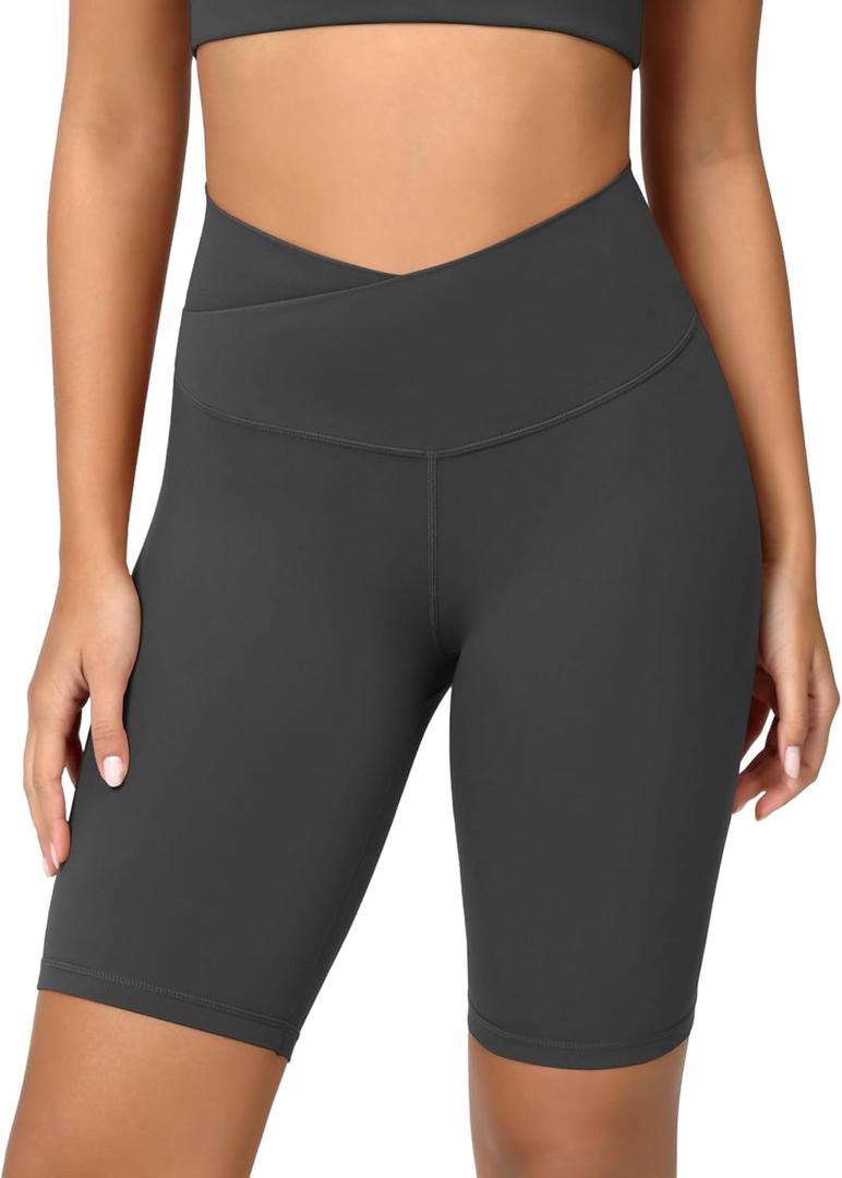 ODODOS Women's Crossover Yoga Shorts with Back Pocket, 8" Buttery Soft V High Waist Lounge Biker Shorts, Charcoal, Small 