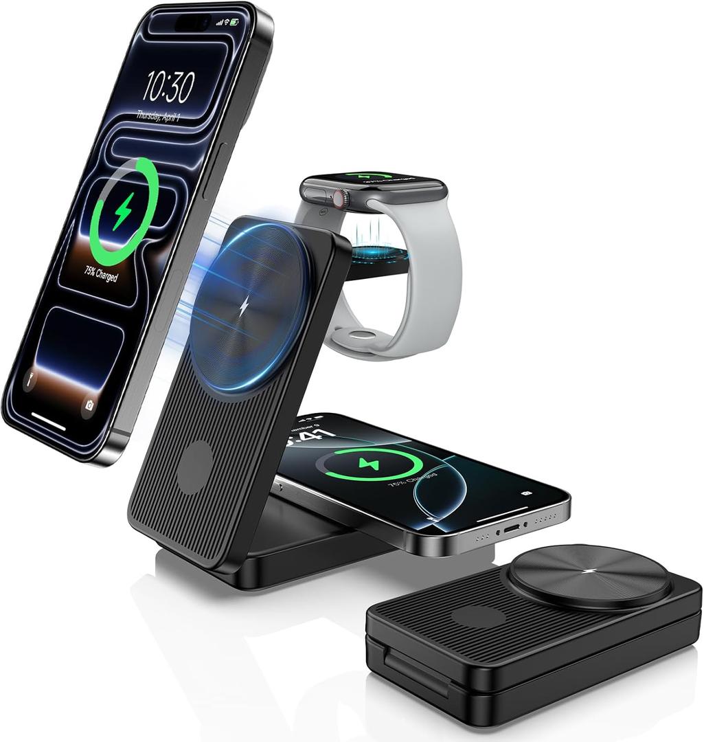 Wireless Charger for Apple Charging Station, Dual MagSafe Charger for iPhone 17/17 Pro/17 Pro/iPhone 16 Pro Max//AirPods, 3 in 1 Foldable iPhone Charging Station, Watch Charger for Apple iWatch Series