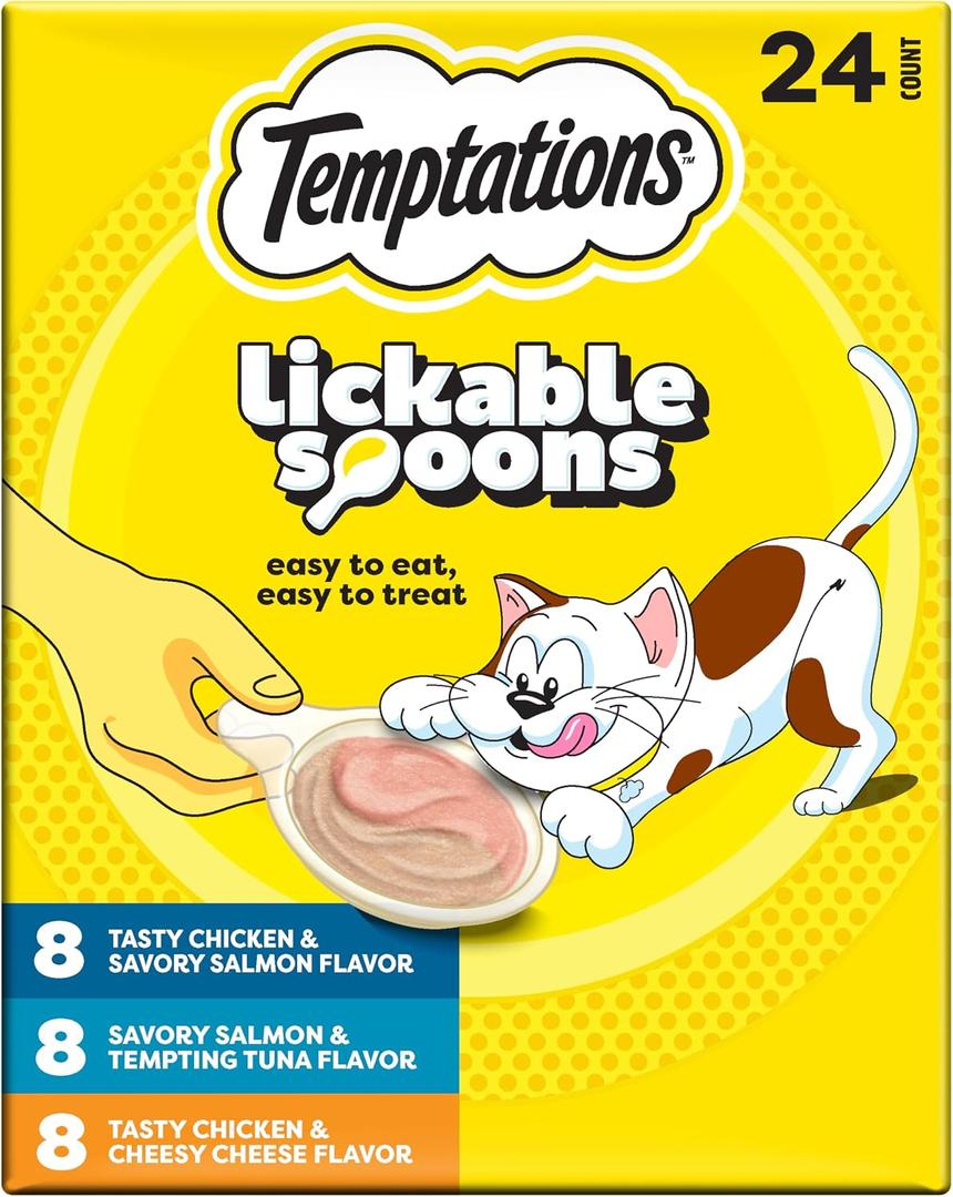 Temptations Lickable Spoons, Soft Lickable Cat Treats, Adult Wet Cat Treats, Variety Pack, 24 Spoons (EXP 07/16/26)