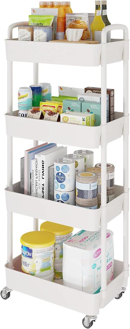 Laiensia 4-Tier Storage Carts, Multifunction Utility Rolling Cart Kitchen Storage Organizer, Mobile Shelving Unit Cart with Lockable Wheels for Bathroom, Laundry, Living Room, With Classified Sticker, White