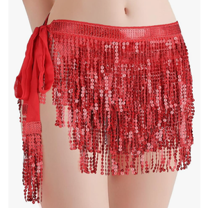 Sequin Tassel Skirt, Women Sparkly Fringe Belly Dance Hip Scarf for Rave Party Festival, Red 