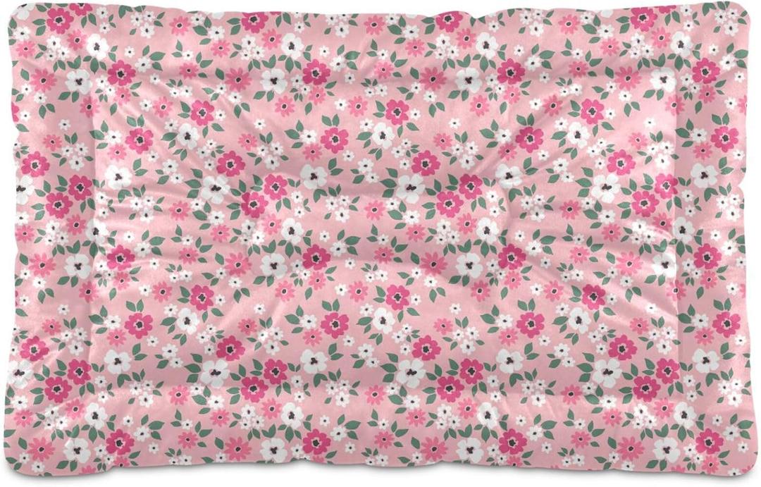 Coikll Pink Floral Pet Bed Pad Soft Dog Bed Mat with Anti-Slip Bottom, Machine Washable Crate Pad Mattress for Dog Sleeping (24x18in)