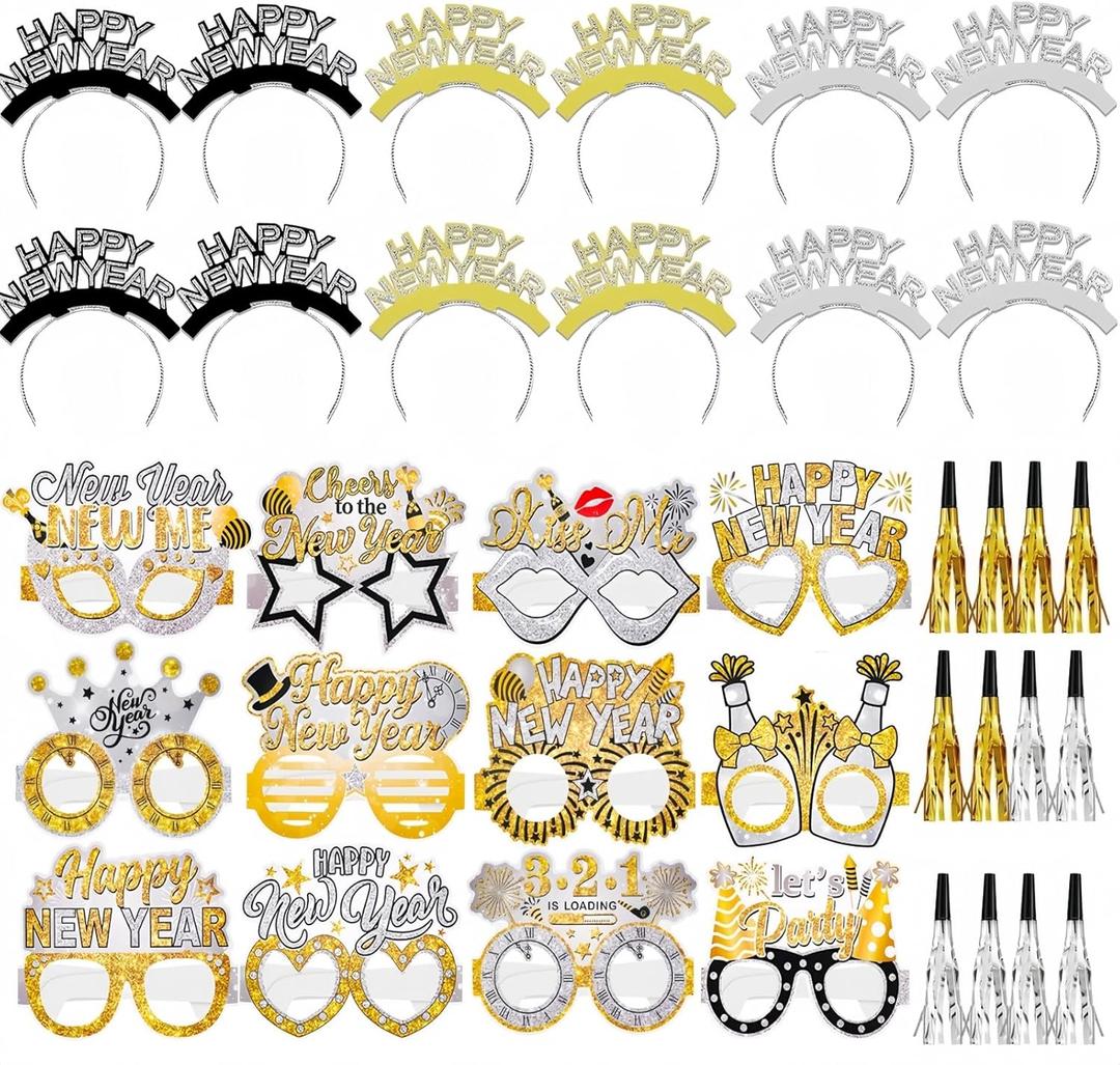 YVAINE 36 Pieces New Years Eve Party Supplies 2026 Happy New Year Decorations Include 12 Headband Tiaras 12 Noise Makers and 12 New Year Eyeglasses for New Year Party Decorations