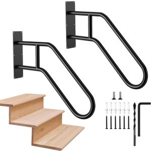 2 Pack Hand Rails for Outdoor Steps, Munzong Black U-Shape Wall Mount Stair Railing 1-3 Steps Grab Bars Safety Handle for Wall Staircase Garden Garage Porch Entry Interior