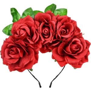 June Bloomy Day of the Dead Headpiece Halloween Costume Headpiece Mexican Floral Crown Rose Headband (Leaf Red)