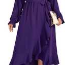 SCOMCHIC Women Plus Size Wedding Guest Maxi Dress Long Sleeve Faux Wrap V Neck High Low Ruffle Cocktail Dress with Belt (XX-Large Plus, Purple)
