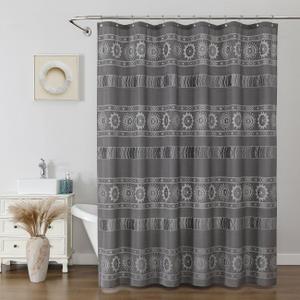 Boho Shower Curtain with Hooks, Grey Sheer Shower Curtain Set, Vintage Farmhouse Curtains - Waterproof Bathroom Decor for Home and Apartment, 12 Plastic Hooks Included, 72Wx72L, Sun Flower
