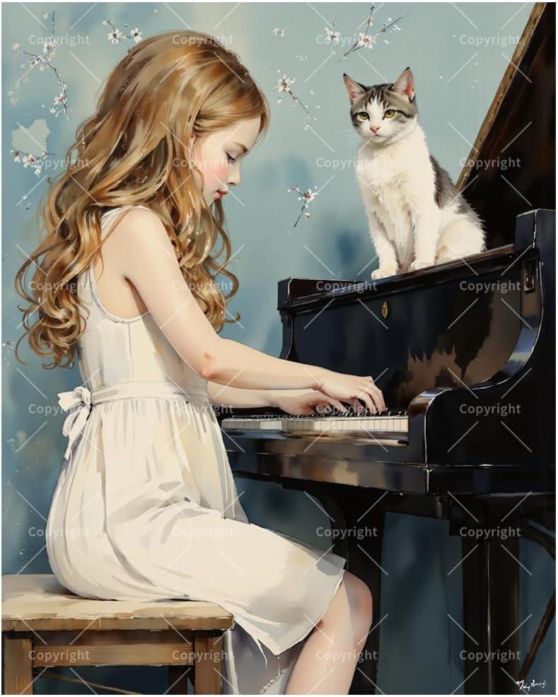 Musical Melody Paint by Numbers Kit for Adults - DIY Girl Playing Piano with Cat Painting on Canvas 16x20In, Framed Acrylic Paint Set, Suitable for Beginners, Art for Home Decoration or Gifts