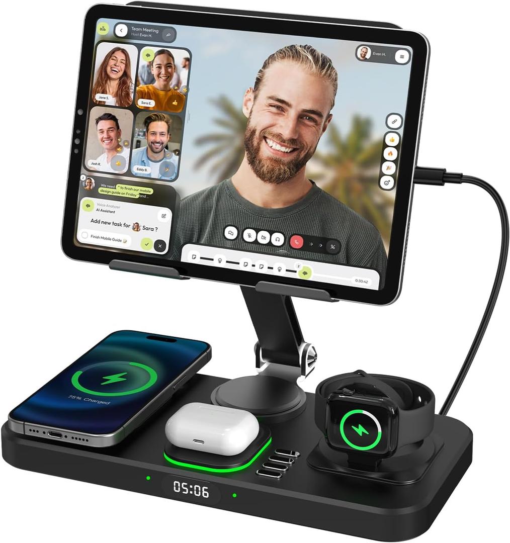 6 in 1 Wireless Charger for Apple Device, 30W Foldable Wired Charging for ipad with Clock & 7 Color Ambient Light, Nightstand Charger Station for iPhone 17/16/15/iWatch Series/AirPods 4/Pro 3(Black)