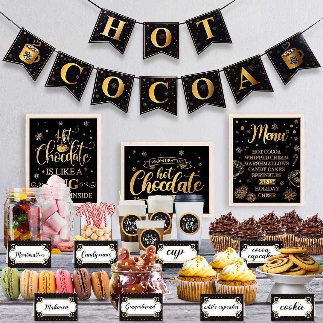49 Pcs Hot Chocolate Bar Decoration Kit Hot Chocolate Bar Table Signs, Folding Labels, Large Black Gold Coffee Cup Tags Stickers,Cocoa Banner, Party Supplies for Christmas, New Year, Chocolate Party