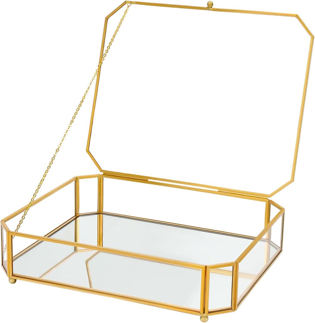 Large Glass Boxes for Display Handmade, Mirrored Bottom, Glass Jewelry Box with Lid, Trinket Box Book Photo Keepsake Organizer, Display Case for Vanity Decor Home Dresser, Octagon, Gold (Low: 10.4"L  8.5"W  2.6"H)
