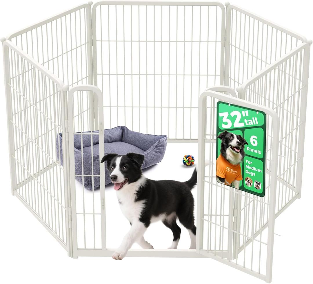 FXW Homeplus Unleashed Indoor Dog Playpen - Stress-Free and Safe Play, Heavy Duty 32 Inch 6 Panels Dog Pen for Small and Medium Dogs, WhitePatented