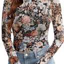 Lace Long Sleeve Floral Mesh Top Mockneck Going Out Tops for Women Trendy Undershirt Fashion Outfits (L)
