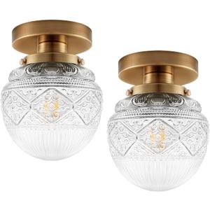 2-Pack Semi Flush Mount Ceiling Light Fixture,Gold Small Globe Glass Ceiling Lights,Vintage Hallway Light Fixtures Ceiling,Close to Farmhouse Lighting Fixtures for Kitchen Entryway (5.91 Inch-2Pack)