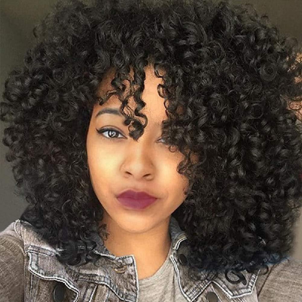 YEAME Curly Wigs for Black Women - Afro Curly Wig with Bangs, Natural Black, Heat Resistant, 15" Full Wig, 150% Density, Glueless, 2 Count