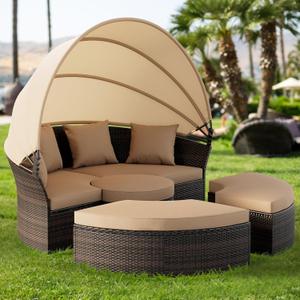 Oakcloud Round Outdoor Daybed with Cushions and Pillows, Wicker Rattan Patio Day Bed with Retractable Canopy, Sectional Sofa Furniture for Backyard Pool Porch Lawn Garden, Brown