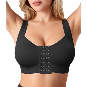 BRABIC Front Closure Post Surgery Compression Bras for Women Mastectomy Bra with Adjustable Straps Wirefree Bra (Large, Black)