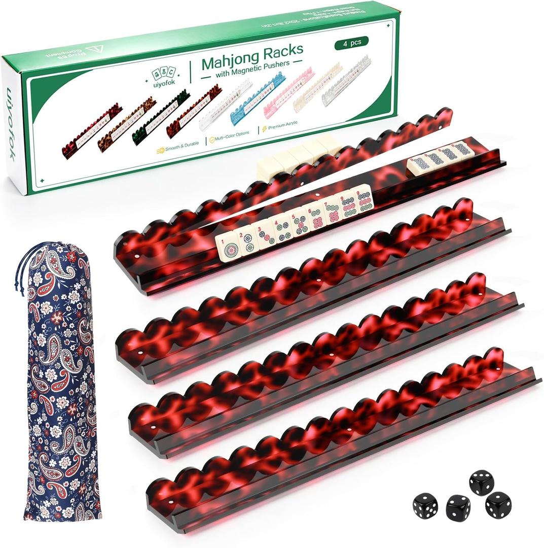 Mahjong Racks with Magnetic Pushers, Set of 4, 20 Inch Red Tortoise Premium Thickened Acrylic Scalloped Mahjong Racks with Pushers for American Mahjong, Gift for Mahjong Lovers