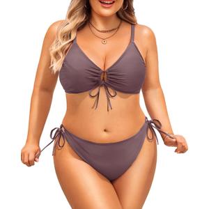 Daci Women's Plus Size Triangle Bikini Set, Sexy Tie Front Two-Piece Swimsuit (Brown)
