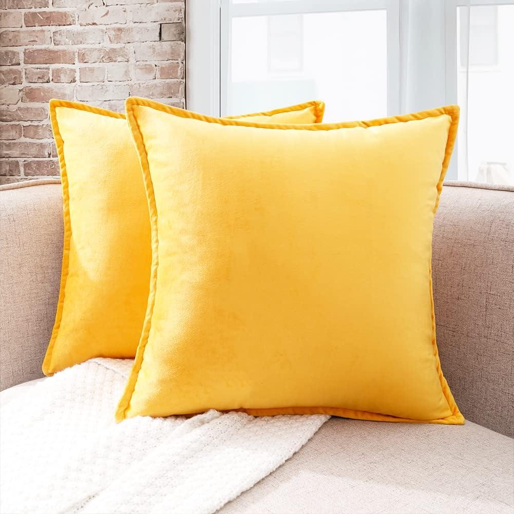 CARRIE HOME Mustard Yellow Velvet Throw Pillow Covers 18 x 18 Yellow Couch Throw Pillows 18x18 Set of 2 Super Soft Yellow Accent Decorative Pillows for Bedroom and Living Room (No Inserts)