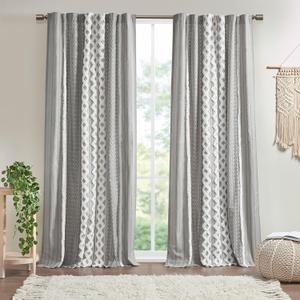 INK+IVY Imani 100% Cotton Single Panel Curtain Tufted Chenille Stripe Geometric Print Mid-Century Look Rod Pocket Top Drape for Living Room, Privacy Window Treatment for Bedroom, 50" x 84", Grey (Gray)