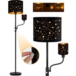 Floor Lamp Black, Reading Standing Lamps for Living Room, 62" Tall Torchiere Lamp for Kids Room, 3-Way Switch, Star-Gold Lampshade, Modern Goth Decor for Bedroom/Office, Bulbs Not Included(E26 Base)