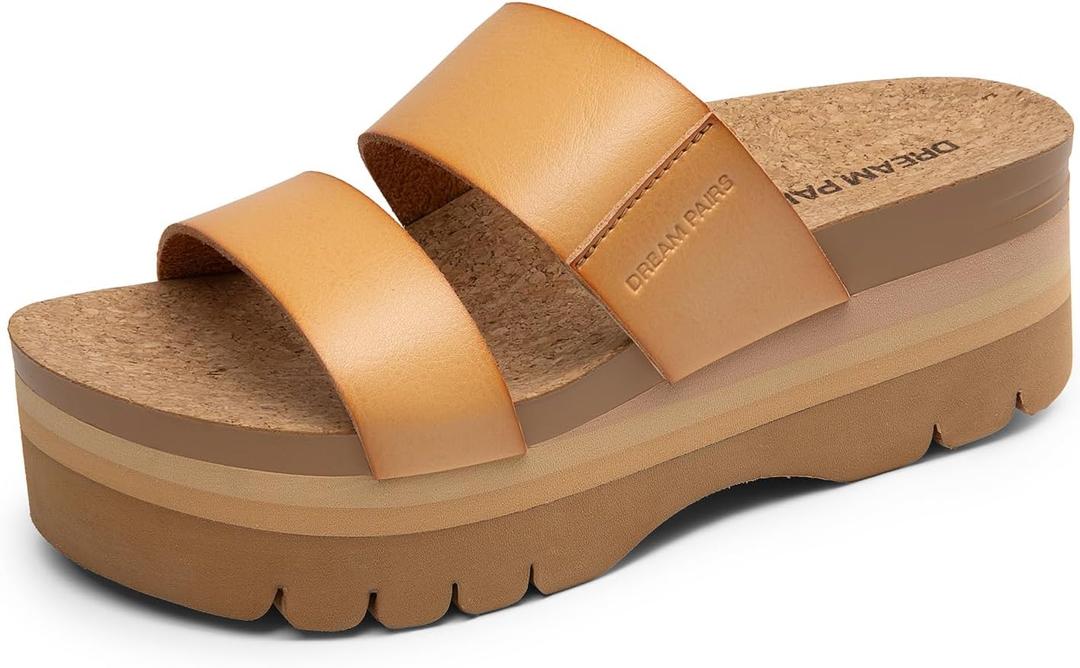 DREAM PAIRS Women's Platform Slides Sandals Comfortable Arch Support Footbed Two Strap Slip-on Fashion Beach Wedge Sandals (7.5, Natural)