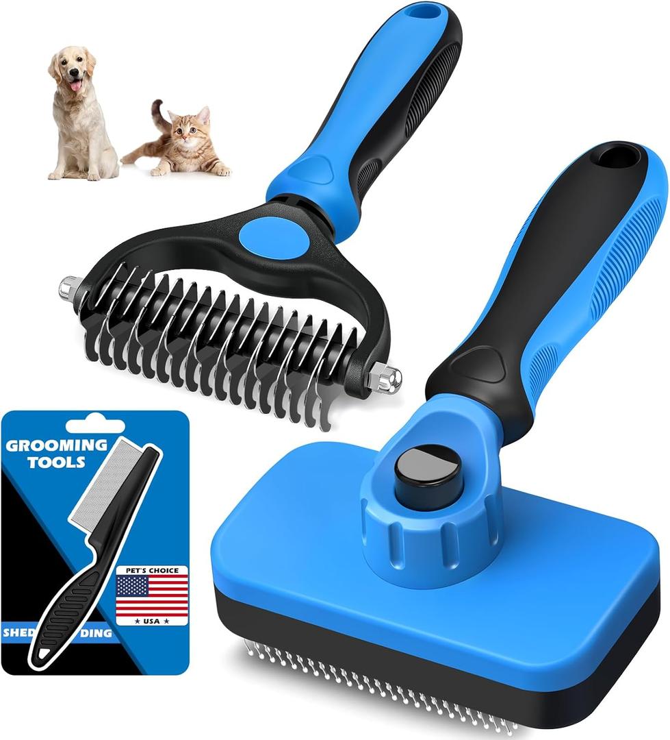 3PCS Self Cleaning Slicker Brush & Pet Grooming Rake & Flea Comb for Dogs, Cats and Horses | Skin Friendly Deshedding Grooming Tool & Double-Sided Dematting Comb | Premium Pet Supplies (Blue)