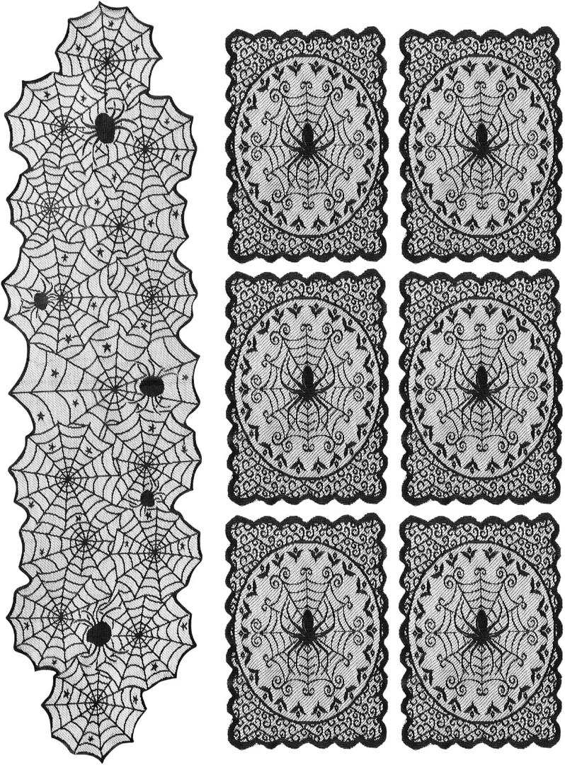 EZAKKA Halloween Table Runner with 4Pcs Placemat, Black Lace Spider Web Table Runners for Parties Gothic Spooky Home Decorations, 18 x 72 Inch