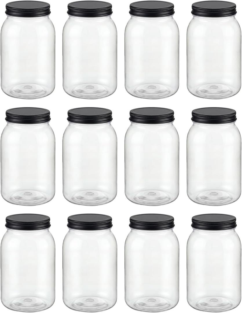 novelinks 32 oz Mason Jars with Plastic Lids, 12 Pack Large Plastic Salad Jars with Lids 32oz, Reusable Spice Containers & Kitchen Jars for Pantry Organization (12 Pack, Black)