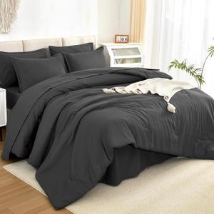 Litanika Comforter King Size Set Dark Grey - 7 Pieces Bed in a Bag King Beddding Comforter Sets, Plain Lightweight Bed Set with Comforter, Sheets, Pillowcases & Shams (King (104"x90"))