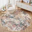 Tortania Washable 5' Round Area Rug for Living Room: Modern Abstract Neutral Large So' Thin Rugs - Non Slip Indoor Carpet for Bedroom Dining Room Office Nursery Home Floor Decoration - Colorful Multi