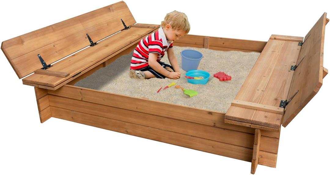 BIRASIL Wood Sandbox with 2 Bench Seats, Sand Boxes with Lid for Kids, Sand Pit with Cover for Outdoor Backyard Patio, 48 Inch