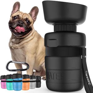 Lesotc Dog Water Bottle, Portable Water Dispenser with Travel Water Bowl, Leak Proof Pet Travel Squeeze Bottle, Puppy Essentials Dog Stuff Accessories for Outdoor Walking, Hiking, Camping (18 Ounces, Black)