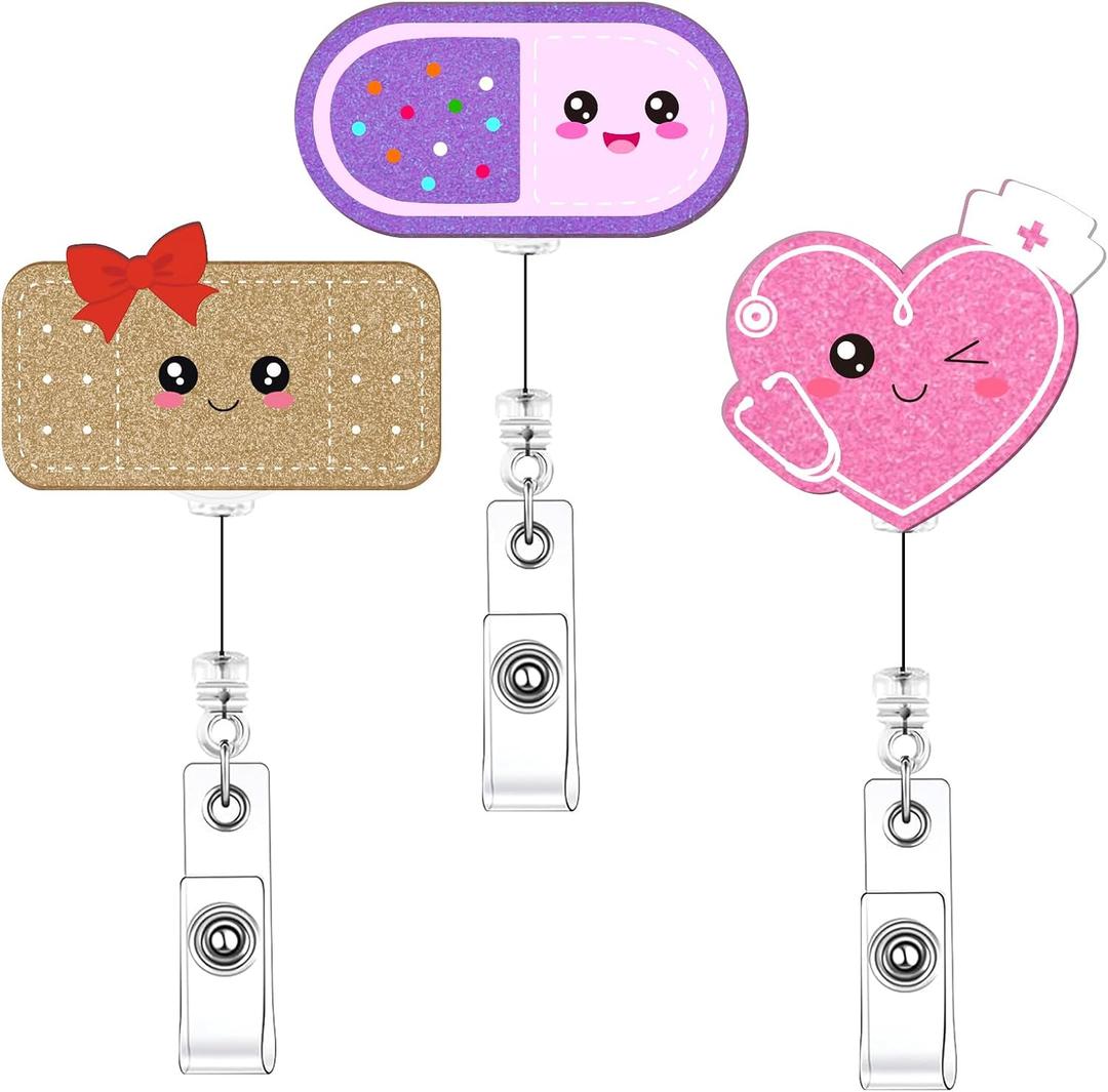 3 x 3 Pcs Nurse Badge Reel,Cute Nurse Badge Reels Retractable, Funny Glitter Pill Bandage Heart Badge Holder for Nurses Doctors Medical Assistant