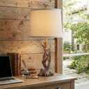 OYEARS 23" Rustic Farmhouse Table Lamp Country Cottage Lamps for Nightstand Tree Trunk Wood Grain Lamp for Bedroom Living Room with Oatmeal Fabric Round Shade Resin Bedside Lamp