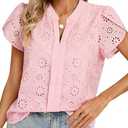Kate Kasin Women's Summer Dressy Casual Blouses Short Petal Sleeves Eyelet Lace Embroidered Tops Shirts V Neck Tshirt L