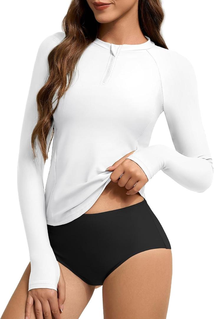 American Trends Womens Rash Guard Long Sleeve Swimsuits for Women Two Pieces Mock Neck Zipper Bathing Suit with Bottom (Medium, White)