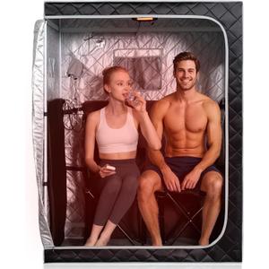 Smartmak Portable Far Infrared Sauna, Home Two Person Sauna Box with 660nm Red Light Therapy Lamp, X-Large Full Size Indoor SPA Tent for Body Recovery, Remote Control, 2 Folding Chairs, Greyborder