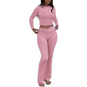 AYWA Women's 2 Piece Outfits Foldover Flare Pants Long Sleeve Crew Neck T-shirt Fitted Pajama Sets (Medium, Pink)