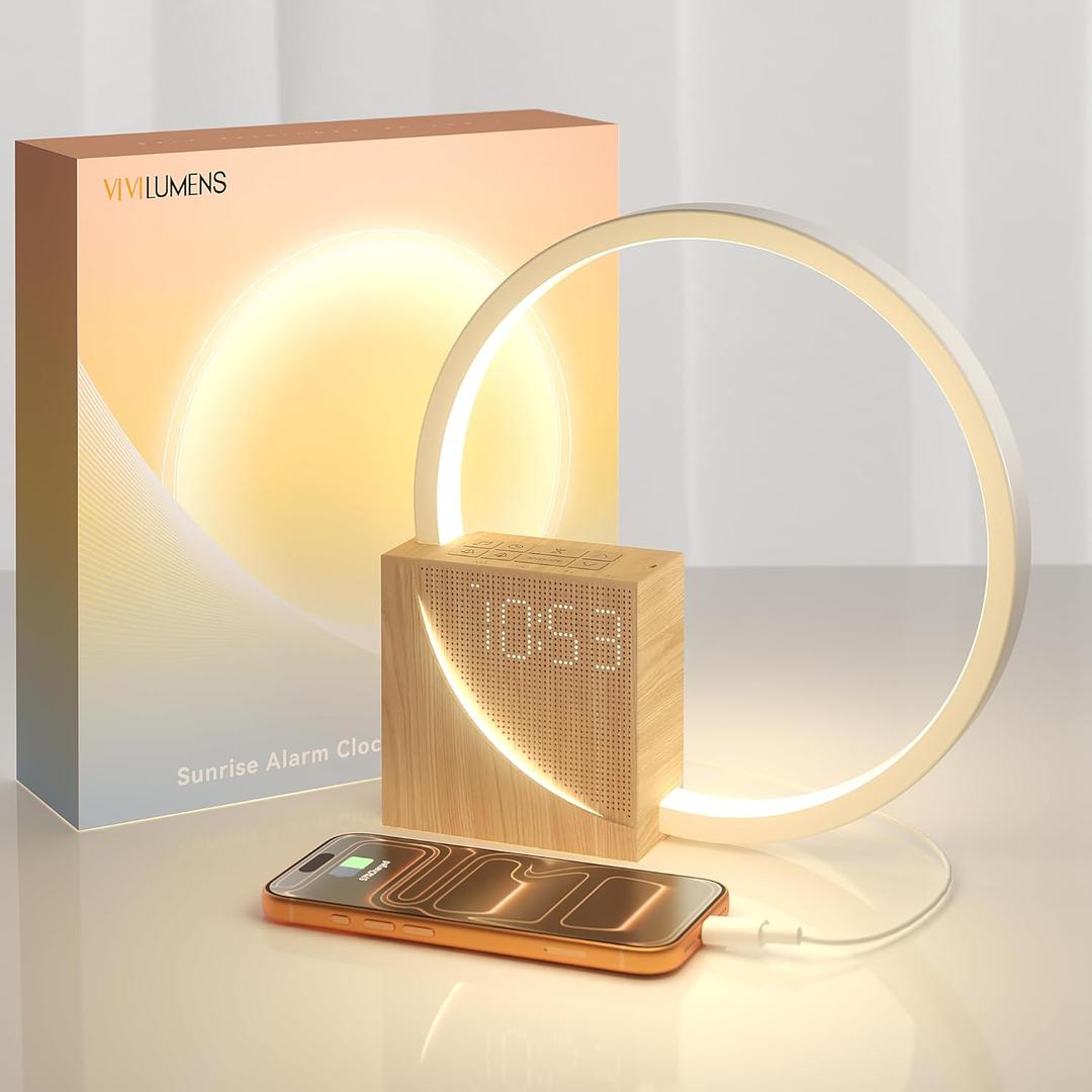 Vivilumens Sunrise Alarm Clock for Heavy Sleepers Adults, Wake-up Light, Sleep Aid 10 White Noise Sound Machines with 30/60/90 Timer, 3 Level Dimmable Touch Table Lamp with Snooze USB Charger Port (Wood Grain)