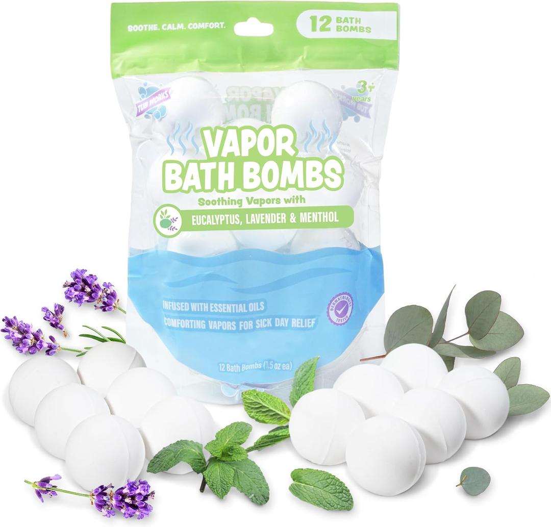 Tub Works Vapor Bath Bombs for Toddlers & Kids, 12 Pack | Natural Essential Oils for Aromatherapy | Calming Eucalyptus Bath Bomb with Lavender & Menthol for Cold, Flu & Congestion Relief