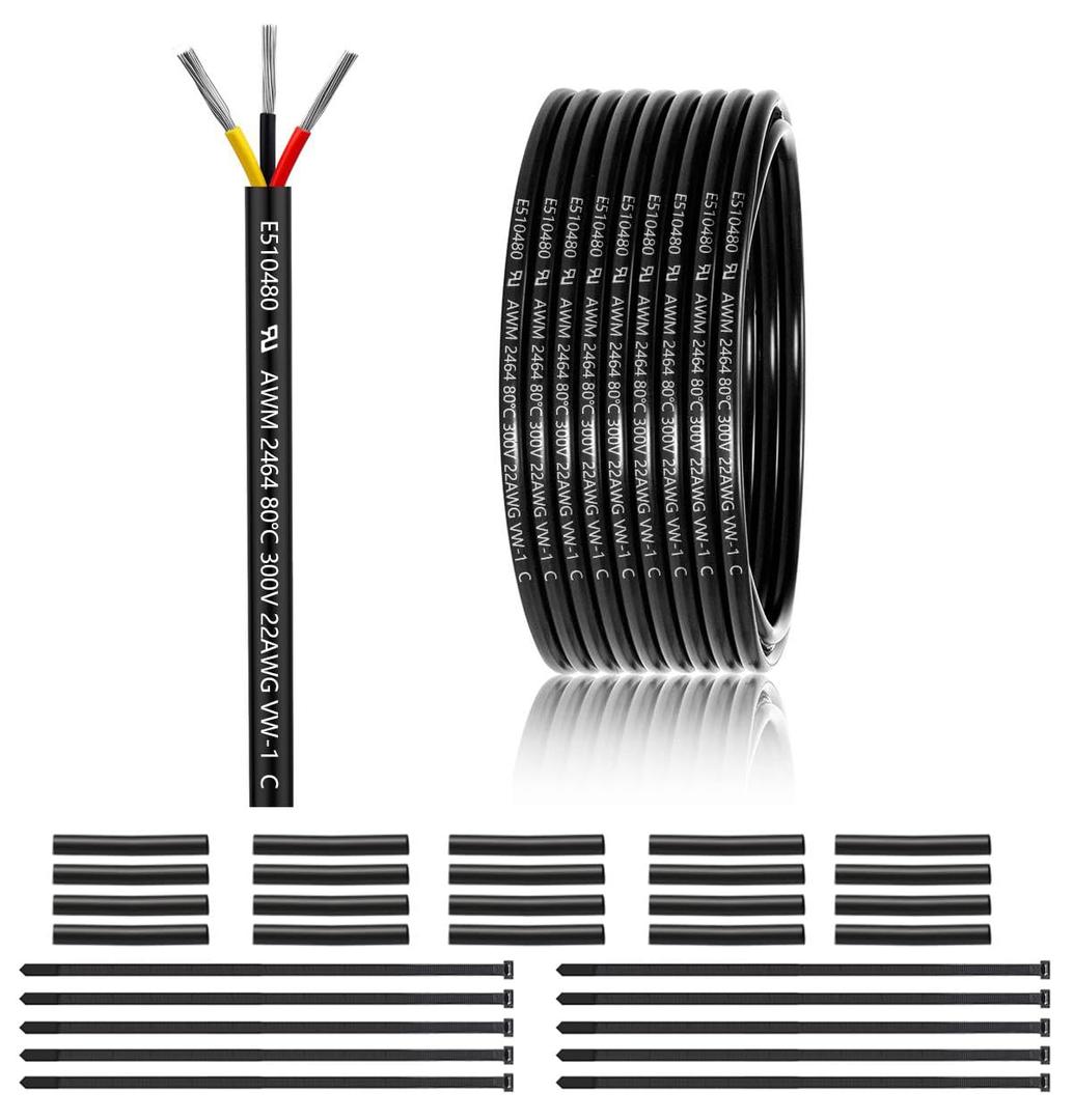 22 Gauge 3 Conductor Electrical Wire 50FT, UL 2464 22 AWG 3 Wire Cable Tinned Copper PVC Stranded 22/3 Core Wire for LED Lighting, Outdoor Low Voltage Extension Cable, Automotive etc.