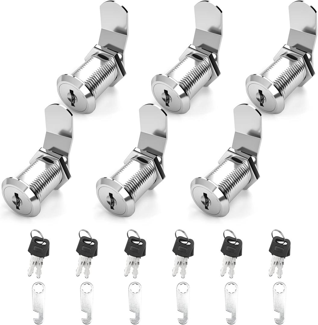 goldenwarm 6 Pack Cam Locks Keyed Alike Cabinet Lock File Locks 1-1/8'' Toolbox Lock with Keys Mailbox Lock, Fits on 1'' Board Thickness, Zinc Alloy with Satin Nickel Finish